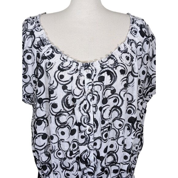 Marina Luna NEW Linen Top Womens 2X Black White Geometric Print Puff Sleeve Boho - Picture 2 of 7